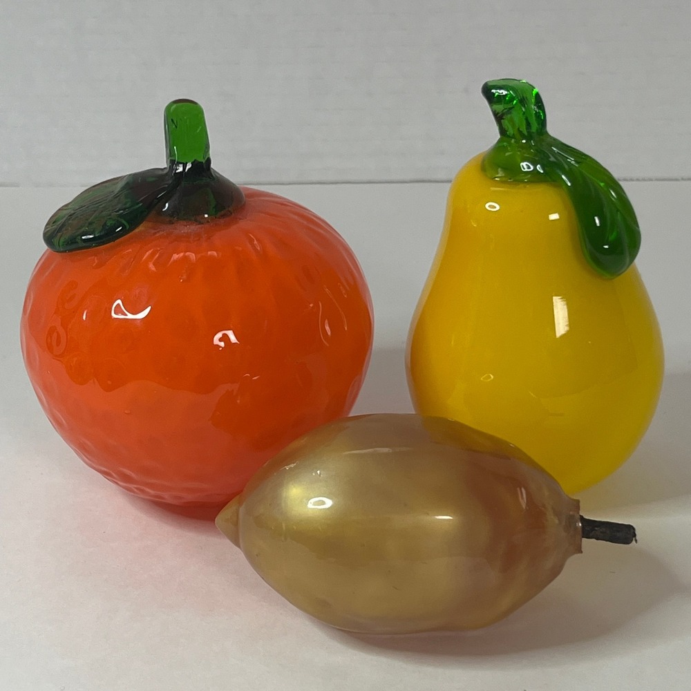 Vintage Hand Blown Art Glass Fruit Trio Orange Pear Lemon Fig Decorative Set